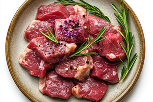 Fresh raw pork, meat steaks in ceram, a Food & Drink Photo by Pixeness Studio