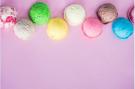 Colorful ice cream scoops on pink, a Food & Drink Photo by NelliKovalchuk
