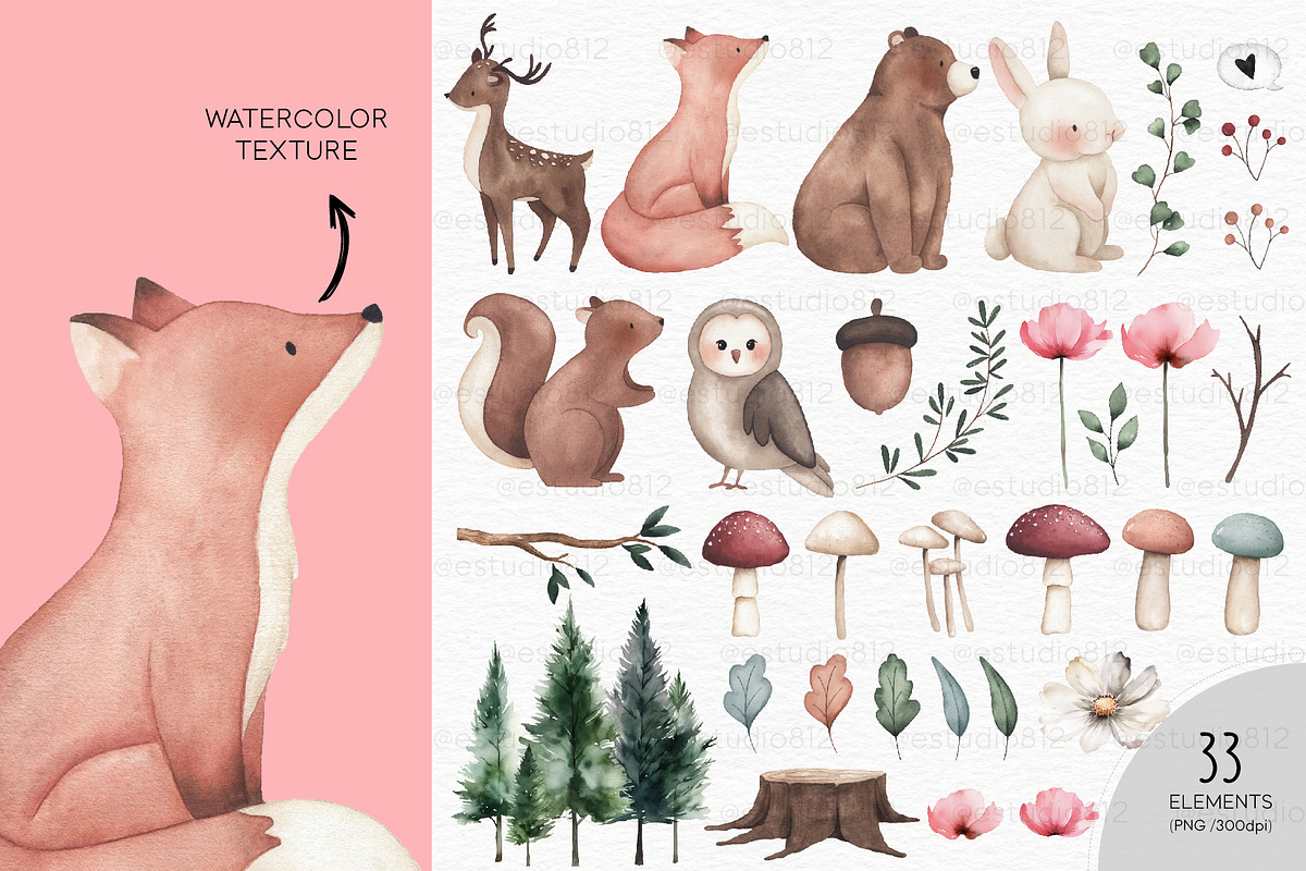 Little Forest watercolor clipart, an Animal Illustration by Estudio 812 (Photo 3 of 9)