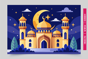 Mosque night sky moon stars, an Illustration by Tanuart
