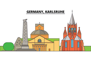 Germany, Karlsruhe. City Skyline, Architecture, Buildings, Streets, Silhouette, Landscape, Panorama, Landmarks. Editable Strokes. Flat Design Line Vec