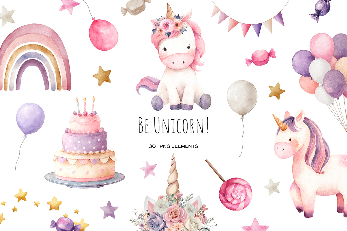 Watercolor cute unicorn clipart, an Object Illustration by Art and Funny (Photo 1 of 7)