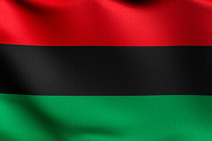 Pan African flag blowing in the wind. 3D rendering illustration