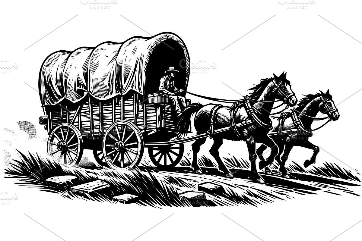 Covered Wagon Linocut, a Transportation Illustration by Malchev