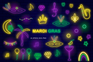 Mardi Gras Neon Vector Icons, an Outline Icon by kh_cat
