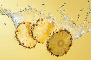 Fresh pineapple pieces falling in transparent water, a Photo by AlyaAnd