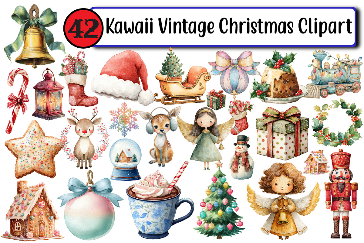 Kawaii Vintage Christmas Clipart, an Illustration by Design Market (Photo 1 of 3)