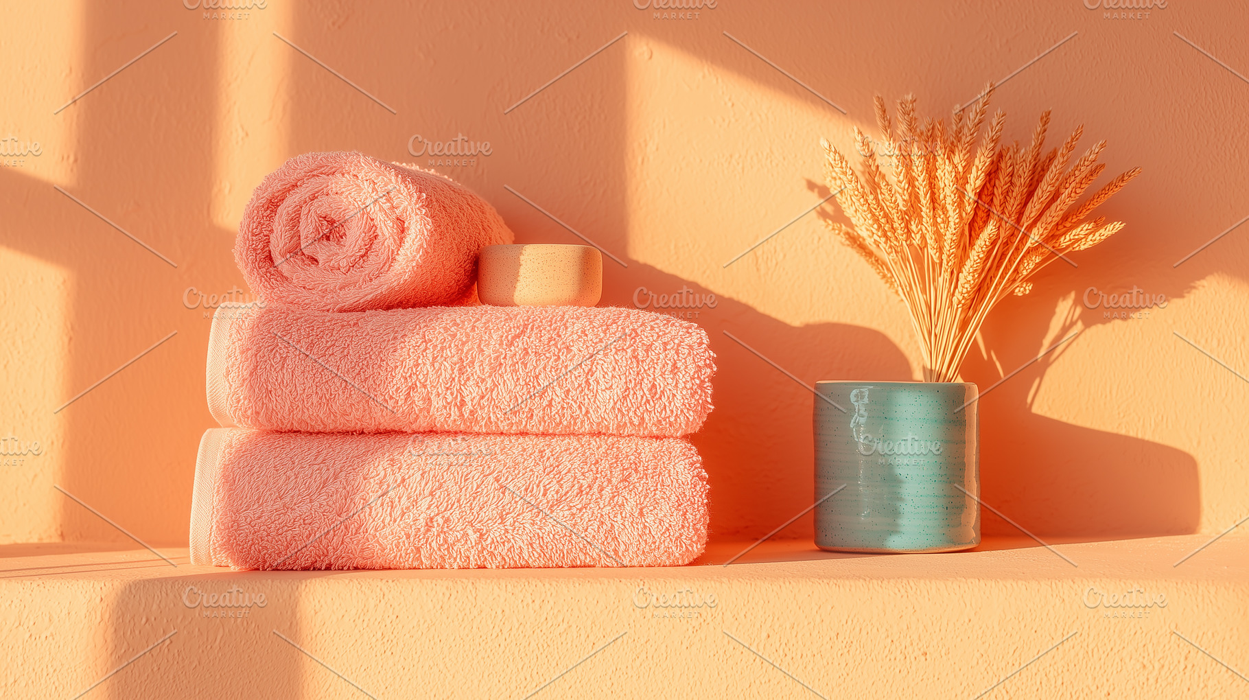 Pale spa towels stacked on a shelf,, an Abstract Photo by Imaginarium