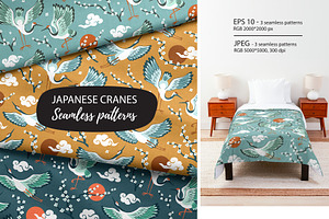 Japanese cranes seamless patterns