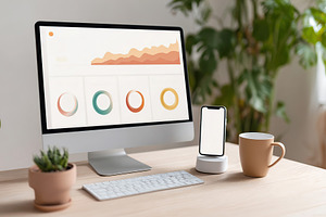 Modern workspace with computer, smartphone, and coffee mug in a bright environm, a Photo by AlyaAnd