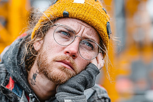 Thoughtful Individual in Outdoor Industrial Scene Wearing Glasses and Yellow Ha, an Industrial Photo by AS photostudio