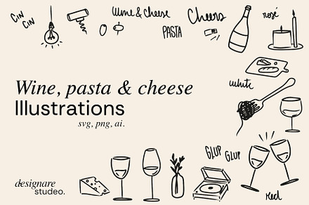 Wine, Pasta and Cheese Illustrations, a Decorative Illustration by ginni illustrations