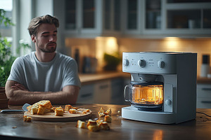 Man prepares snacks in a cozy kitche, a Photo by Tanuart