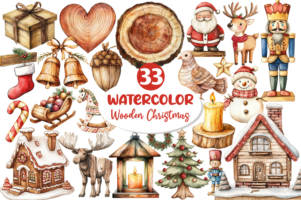 Rustic Wooden Christmas Clipart, an Illustration by Dream Creation (Photo 1 of 7)
