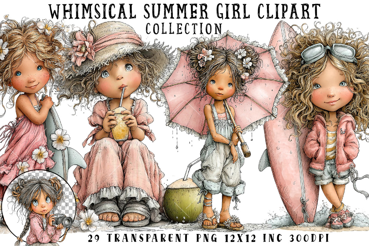 Whimsical Summer Girl Clipart, an Illustration by OK Design (Photo 1 of 6)