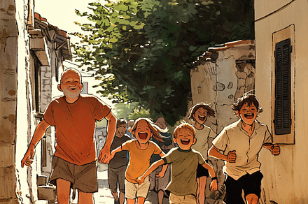 Group of children and an elder running joyfully along a bright village street, an Illustration by AS photostudio