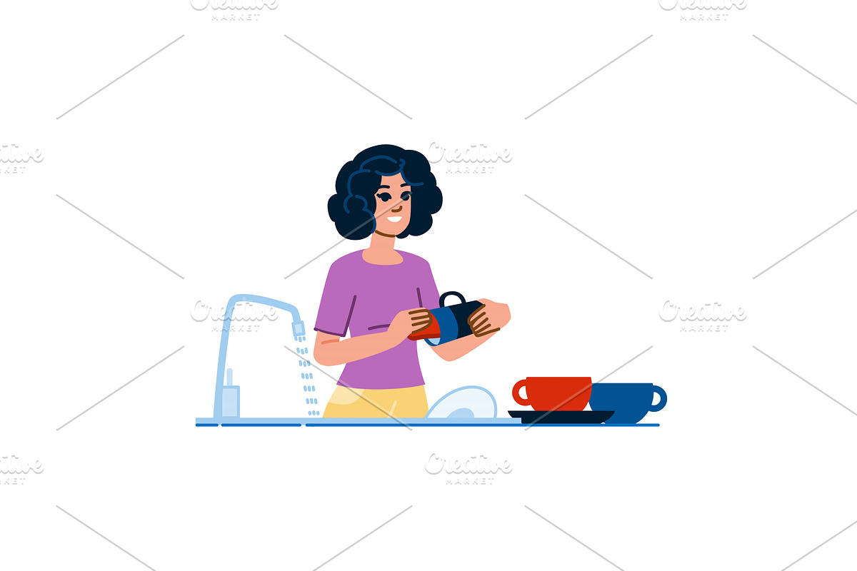 Woman washing dishes in kitchen sink, an Object Illustration by pikepicture