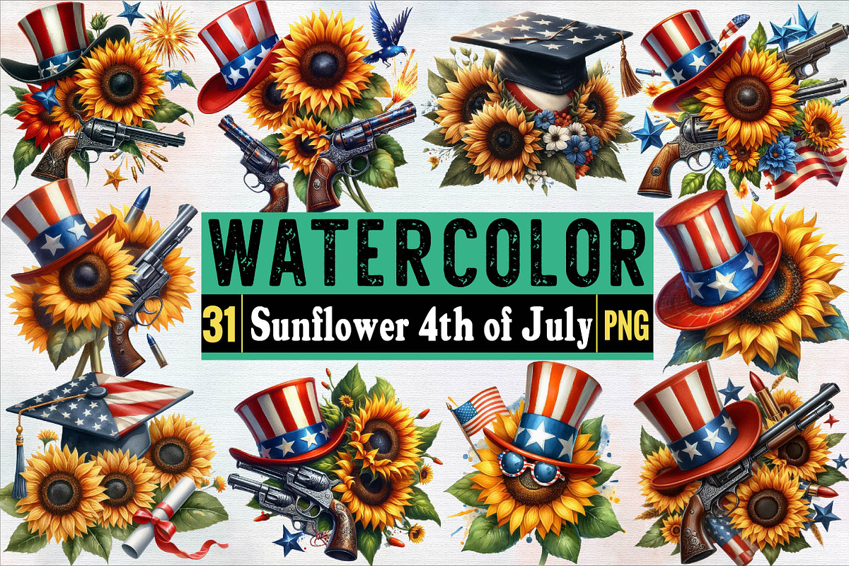Watercolor Sunflower 4th of July Su, an Illustration by SVGArt (Photo 1 of 7)