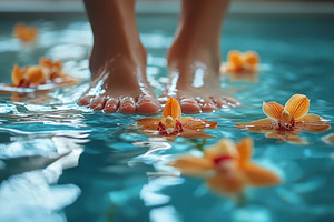 Bare feet walk through clear water f, a Photo by Tanuart