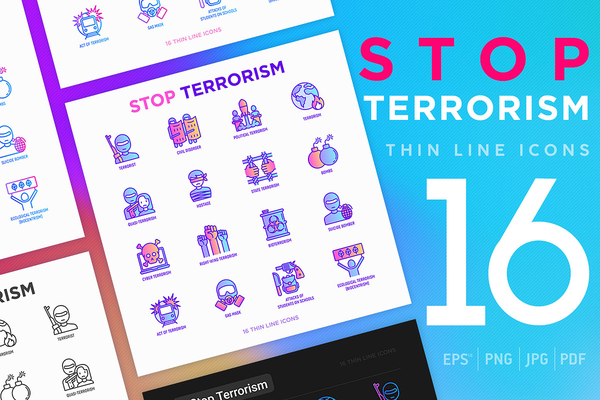Stop Terrorism | 16 Thin Line Icons, an Outline Icon by Alex Blogoodf (Photo 1 of 11)