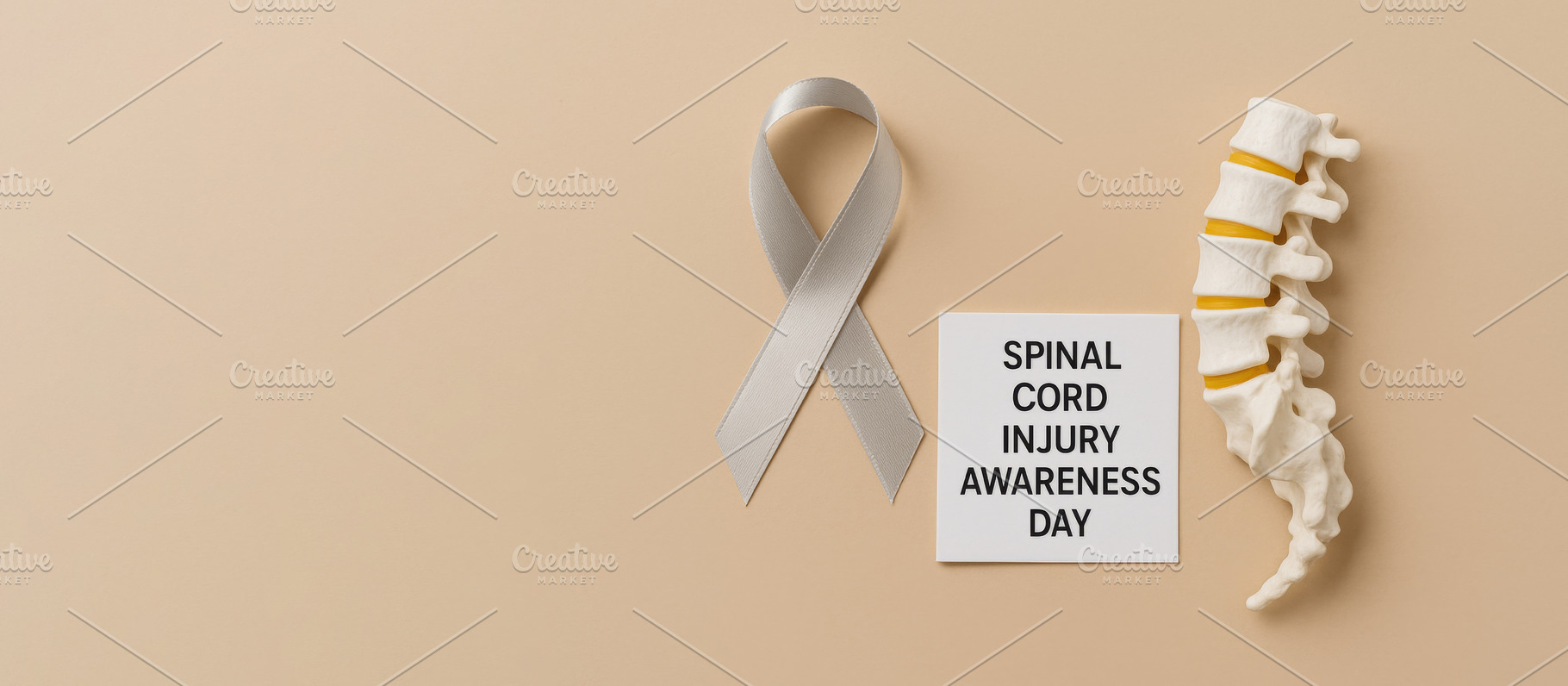 Spinal cord injury awareness day ribbon and spine on beige backg, a Photo by Dvoevnore photos