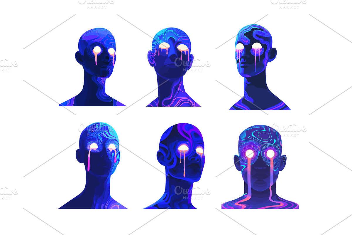 Neon blue alien portrait cartoon, a Technology Illustration by Onyx