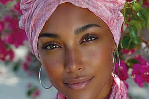 Confident Black woman with pink headscarf in flower garden, a Person Photo by José Manuel Gelpi