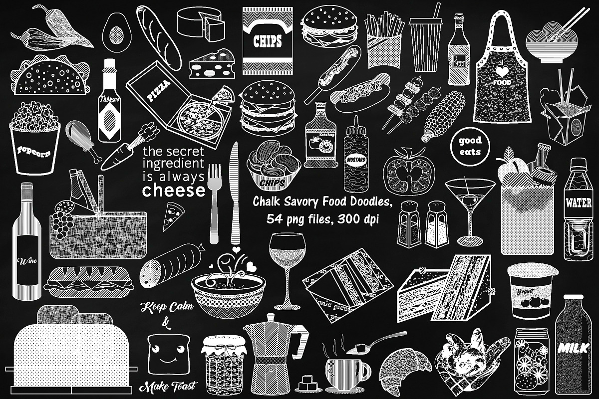 Chalk Savory Food Doodles Clip Art, a Food Illustration by