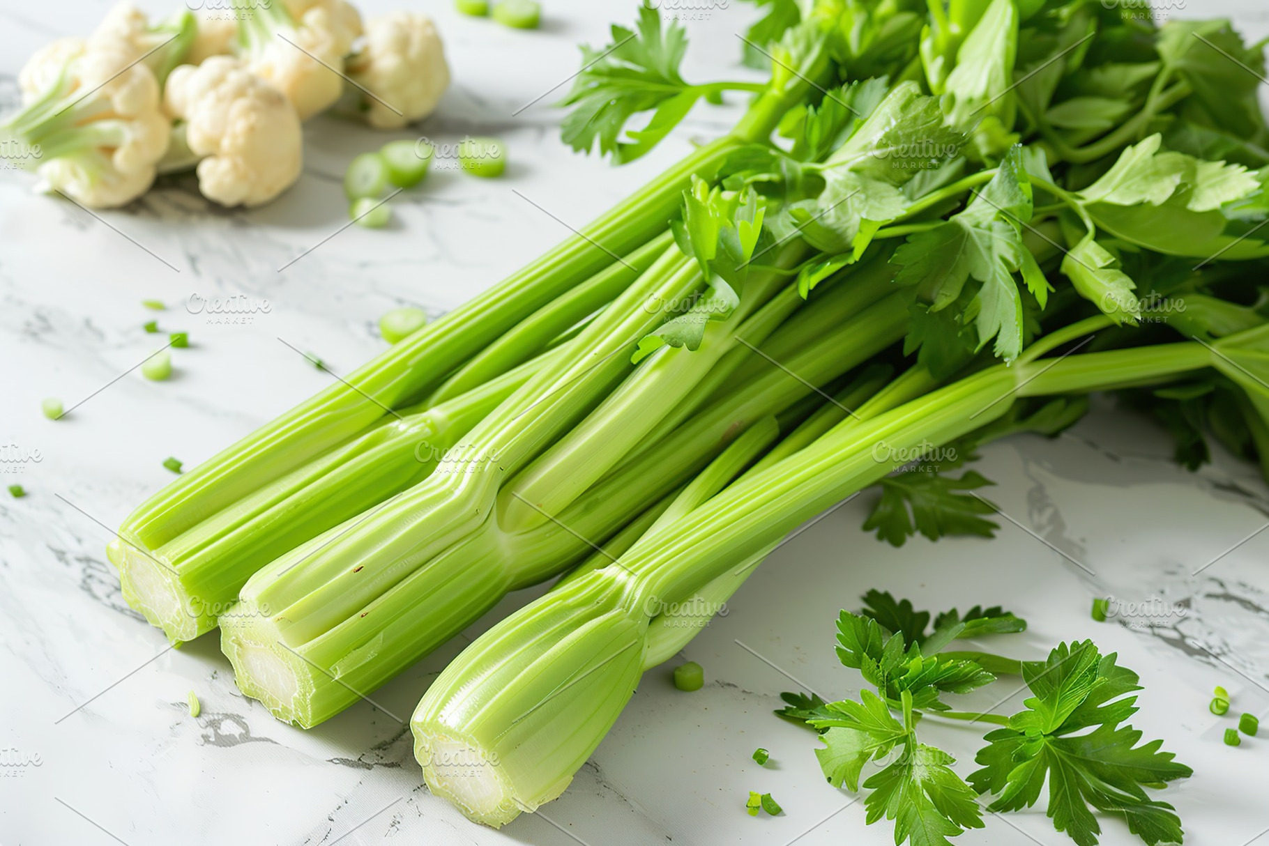 Green fresh celery sticks on white background, a Food & Drink Photo by AlyaAnd