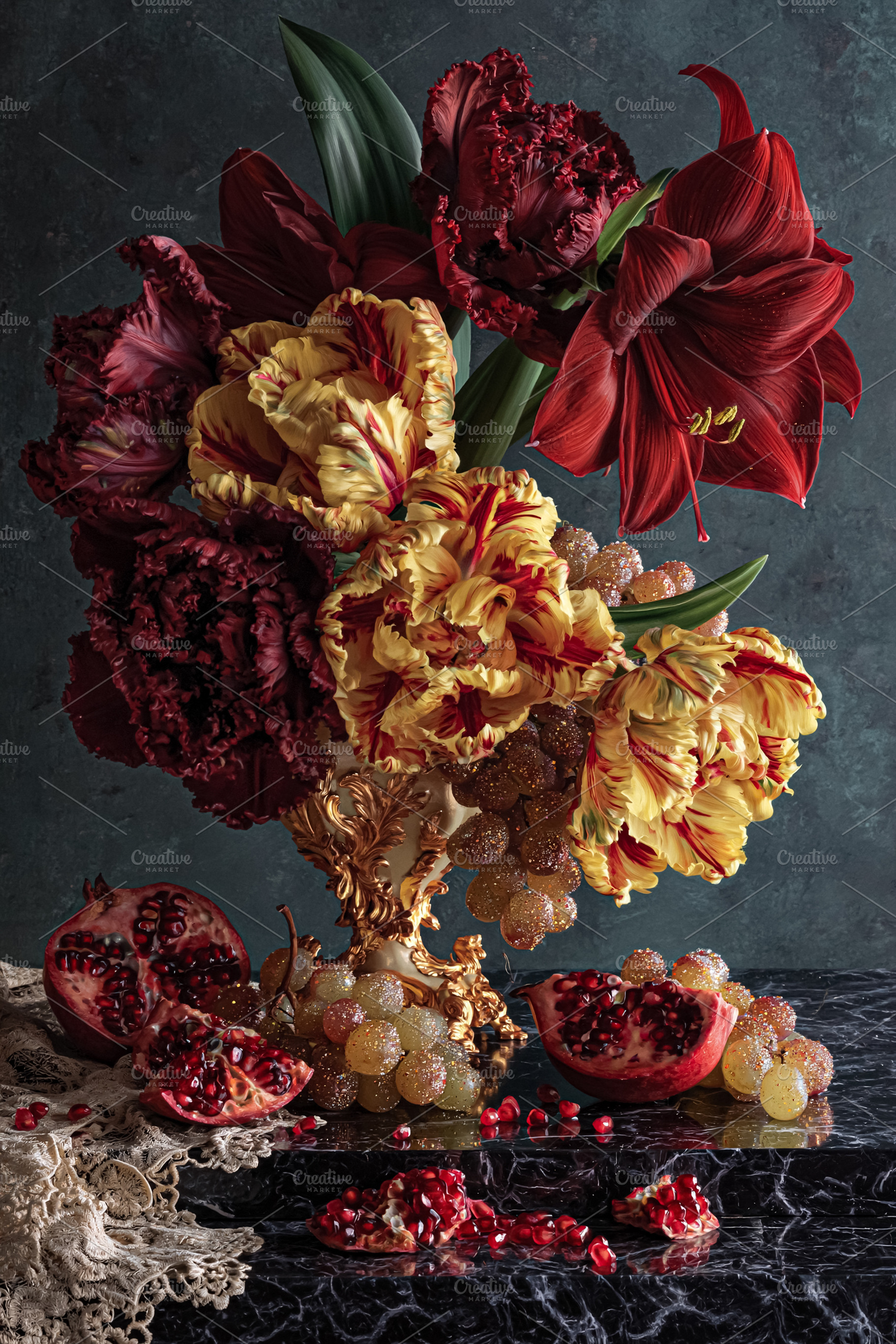 Baroque still life arrangement featuring red amaryllis, parrot t, a Photo by Studio ANNA