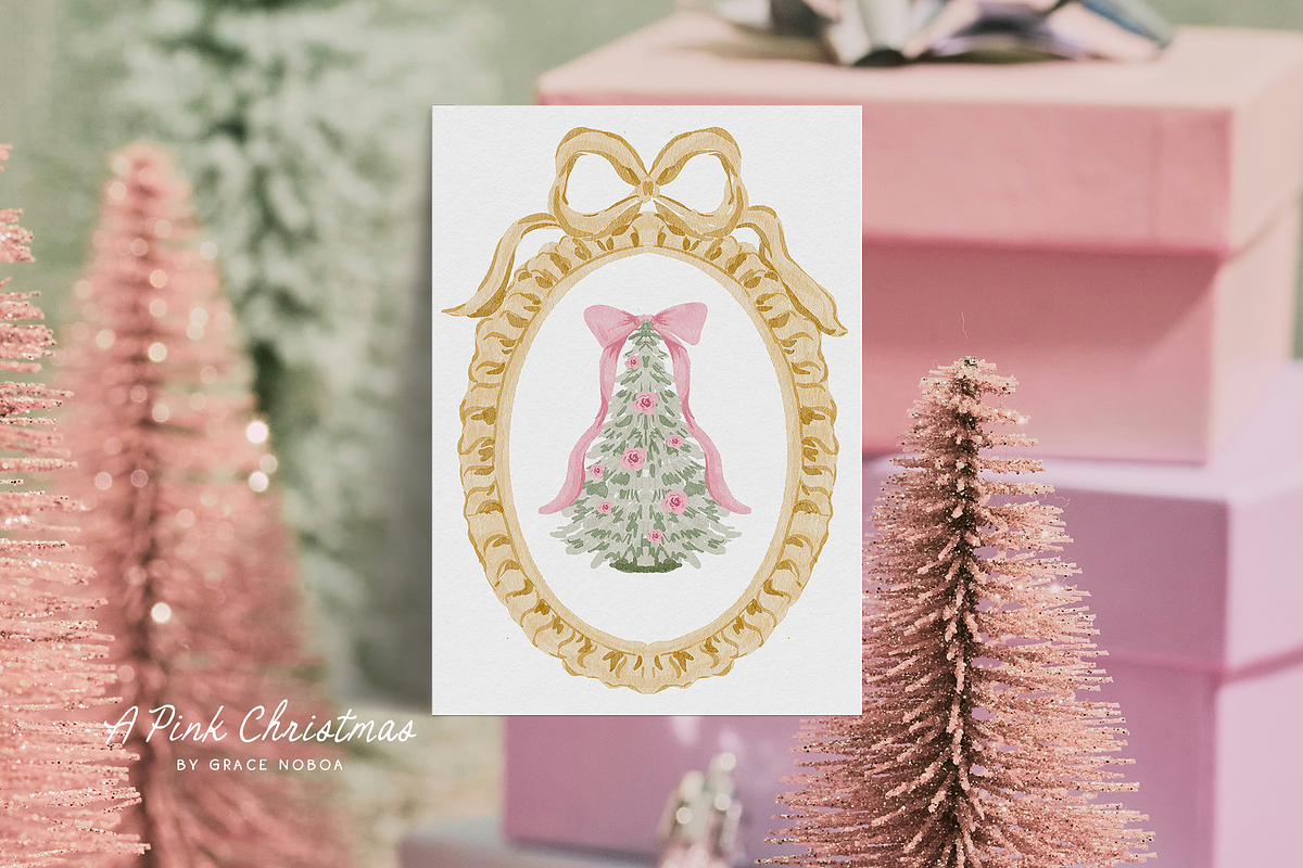 Watercolor pink christmas whimsy set, an Object Graphic by Grace Noboa Illustrations (Photo 4 of 12)