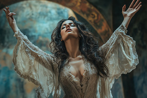 A opera singer woman with long, flowing hair stands gracefully with her arms ra, a Person Photo by Textures & Backgrounds