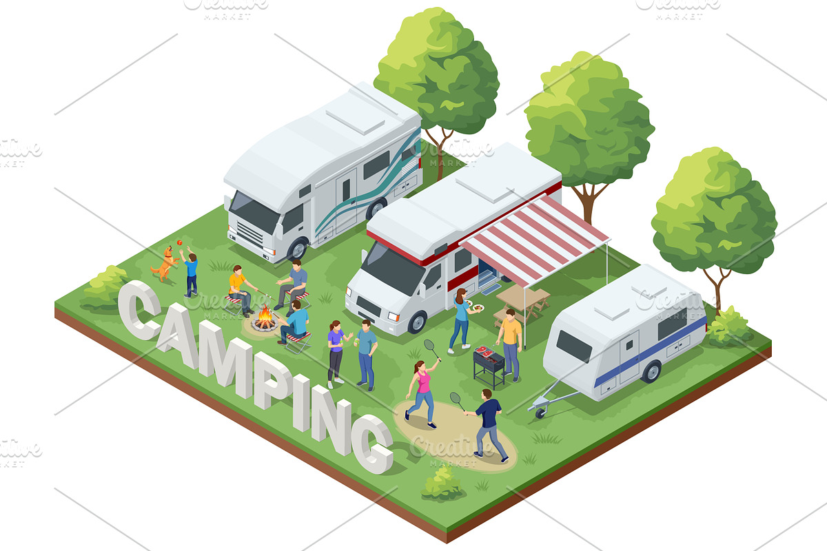Isometric camping scene with RVs, a Sport Illustration by Golden Sikorka