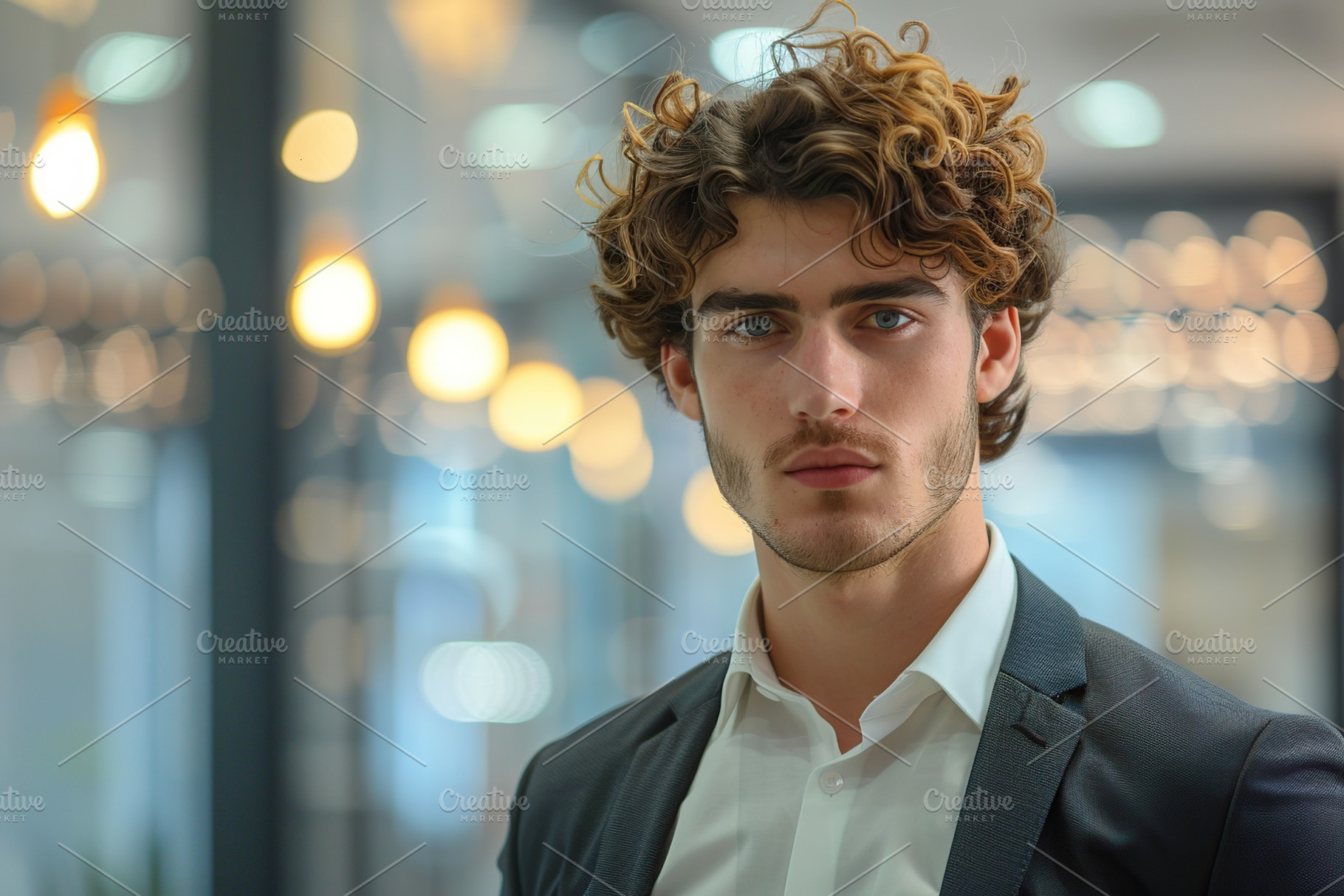 Young businessman in business suit standing on blurred office background, a Person Photo by AlyaAnd