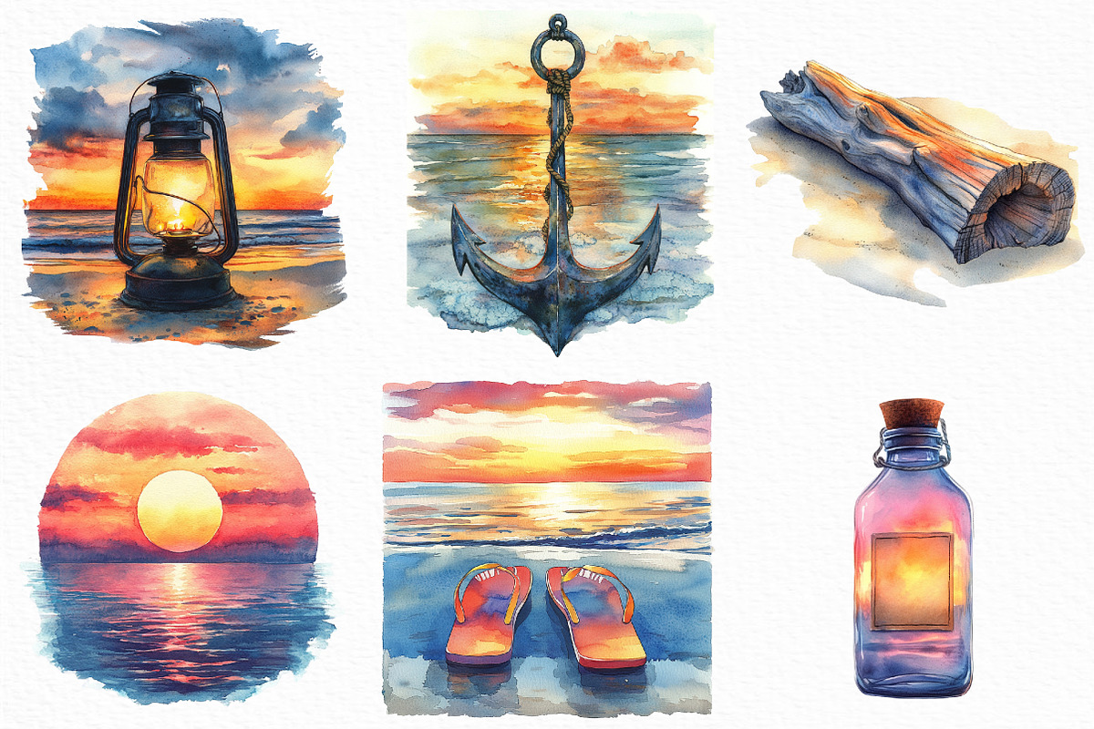 Watercolor Sea Sunset Clipart, an Illustration by Craft Nest (Photo 5 of 6)