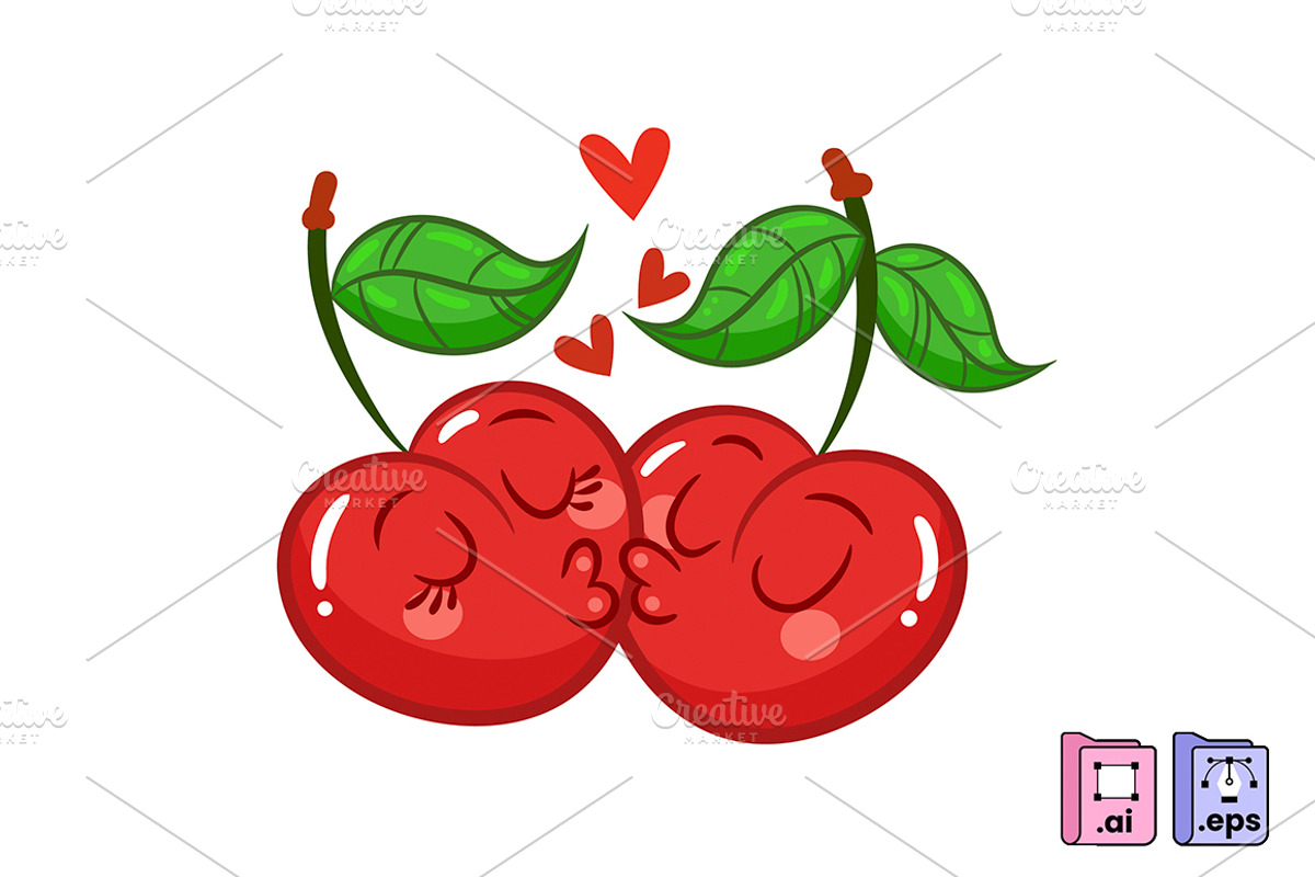 Hand Drawn Cherry Kiss Cartoon, a Food Illustration by MISS CHATZ (Photo 1 of 3)