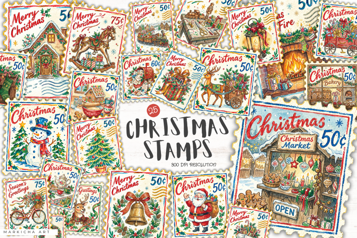 Christmas Postage Stamps PNG, a Seasonal Illustration by Markicha Art (Photo 1 of 6)