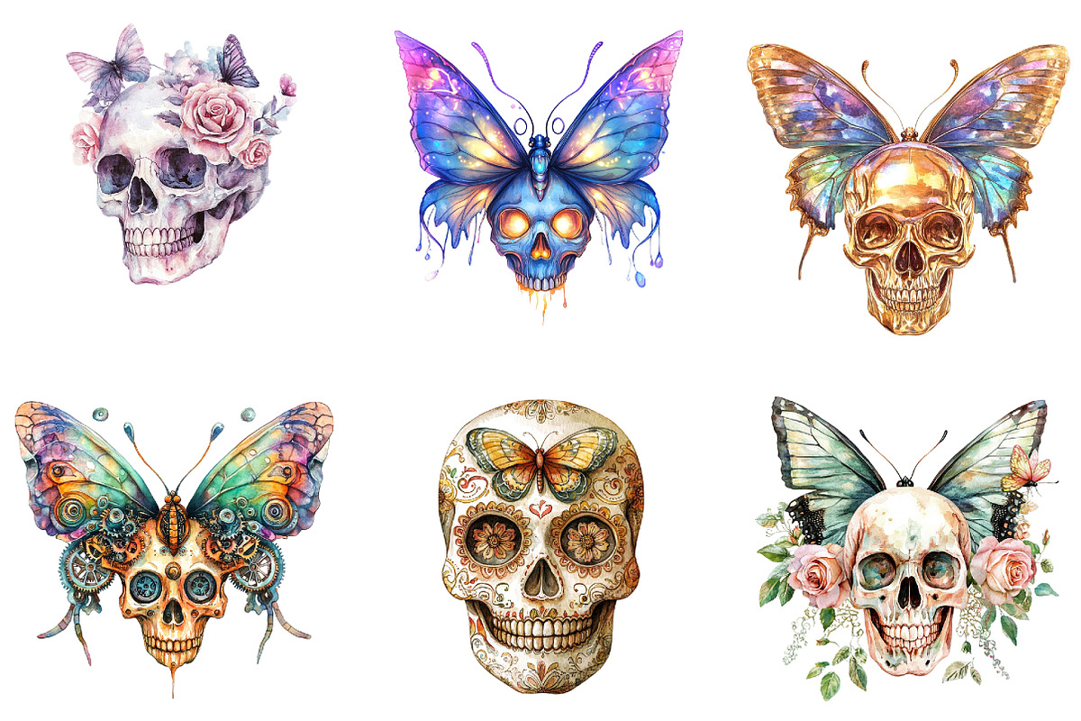 Colorful Skull & Butterfly Clipart, an Illustration by DreamArtGraphic (Photo 3 of 4)