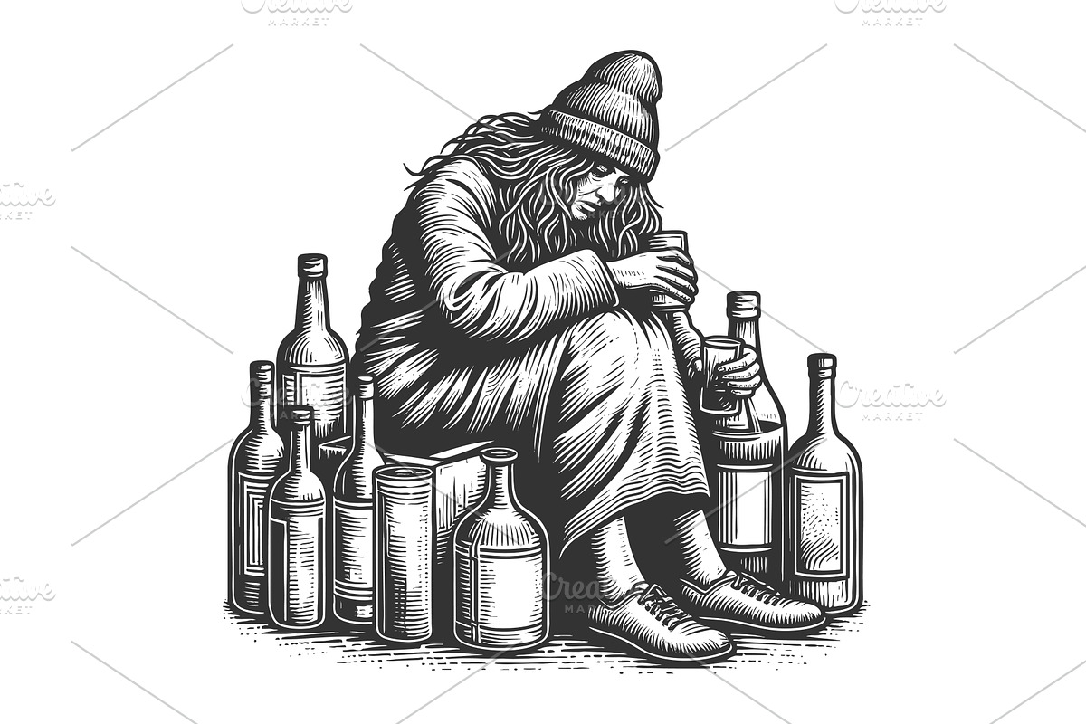 Homeless Woman Sitting Among Empty, a Person Illustration by AlexArt