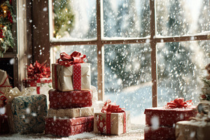 Snow falls on gifts near window, a Photo by Beautiful things