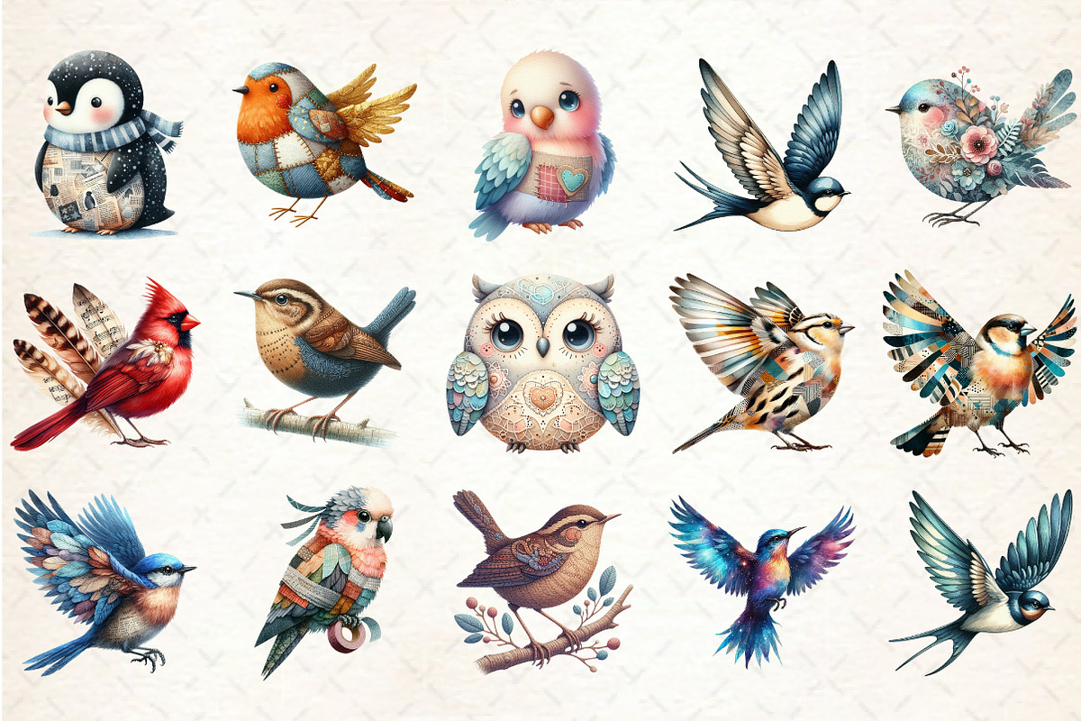 Mixed Media Birds Clipart, an Illustration by Rose Art (Photo 2 of 3)