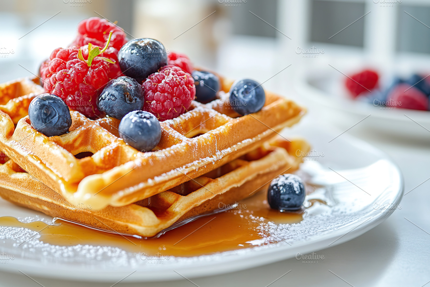 Delicious waffles topped with sweet syrup and fresh berries at a cozy breakfast, a Food & Drink Photo by AlyaAnd