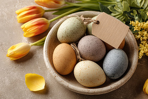 Pastel easter eggs in a bowl with tulips, a Holiday Photo by AlyaAnd