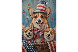 Corgi Dogs in Patriotic Hats and Bow, an Animal Illustration by Art Paradise Studios