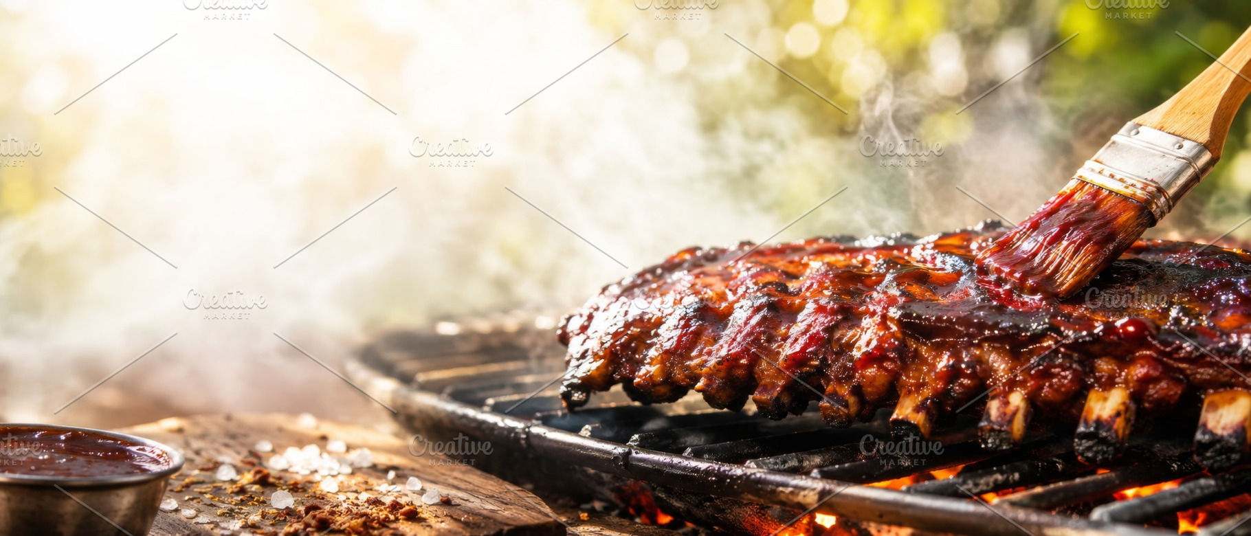 Summer BBQ ribs sizzling on grill wi, a Photo by Dvoevnore photos