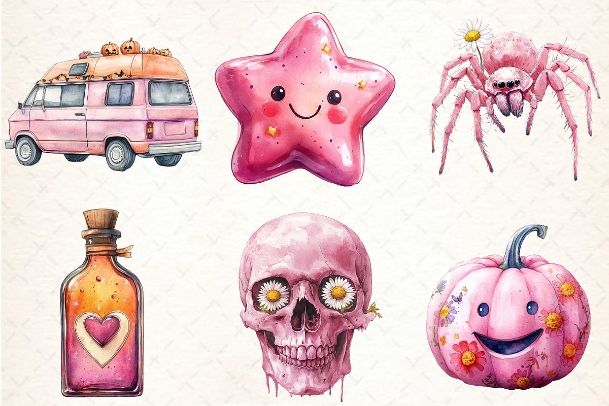 Pink Retro Halloween Clipart Bundle, an Illustration by DreamCafeArt (Photo 4 of 7)