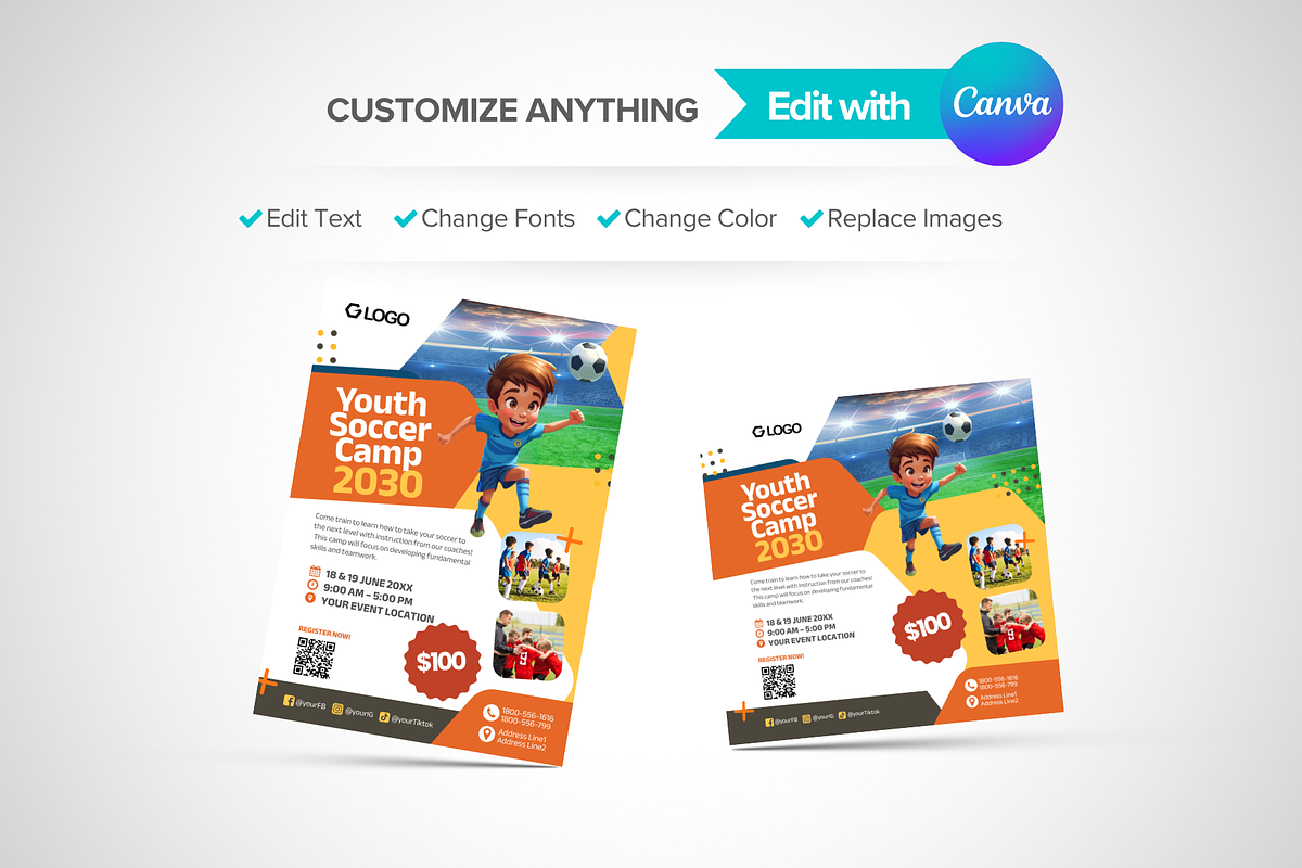 Canva Youth Soccer Camp Flyer, a Flyer Template by antyalias store (Photo 2 of 5)