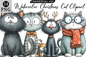 Watercolor Christmas Cat Clipart, an Illustration by Daily.Designs