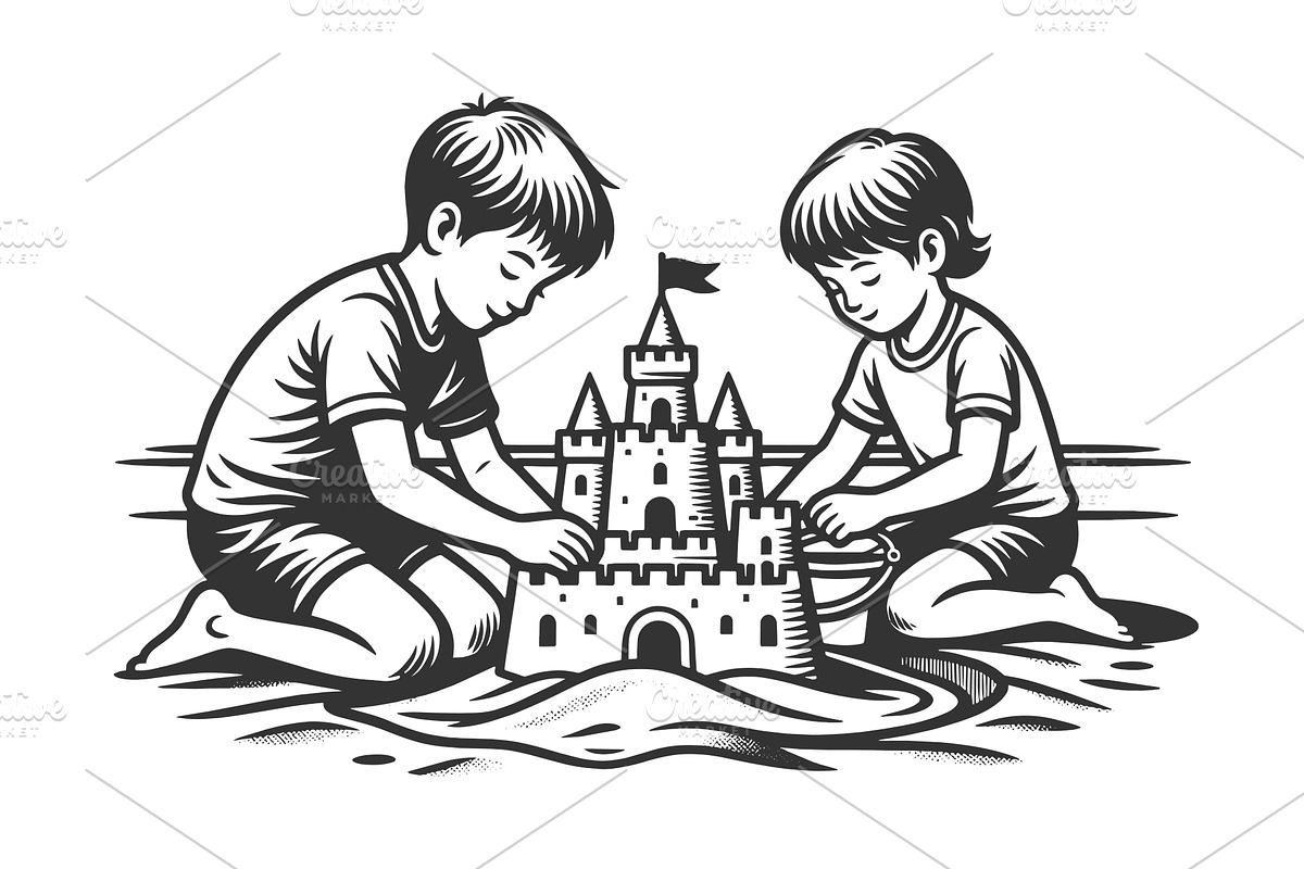Children Building Sandcastle, a Person Illustration by AlexArt