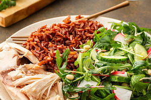 Chicken breast with red rice, a Food & Drink Photo by Pundateam